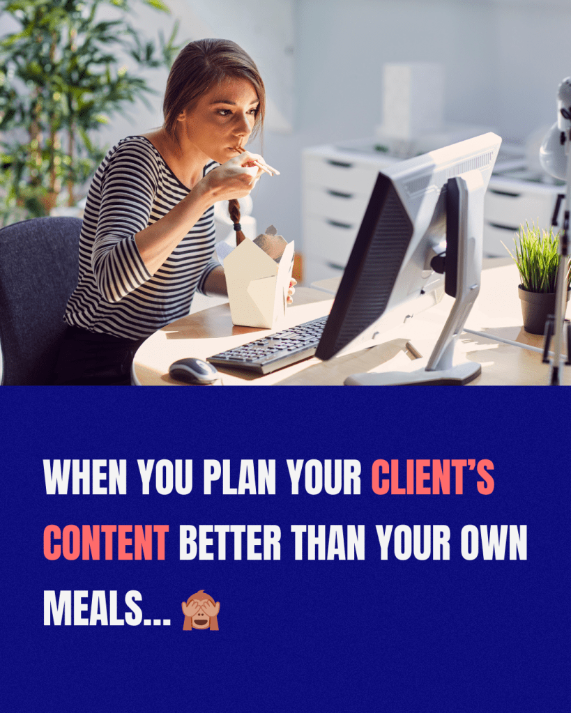 A humorous image or meme about balancing freelance work and everyday life, related to social media scheduling.