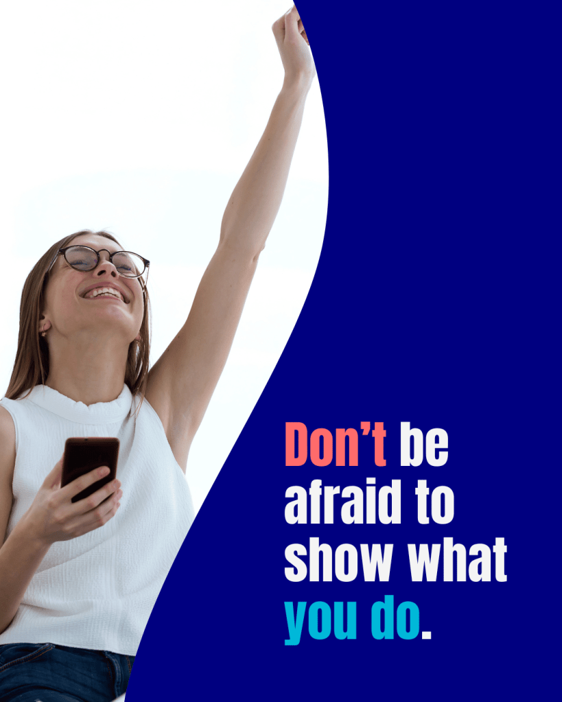 Inspirational graphic about being confident when promoting your business, aimed at entrepreneurs and content creators.