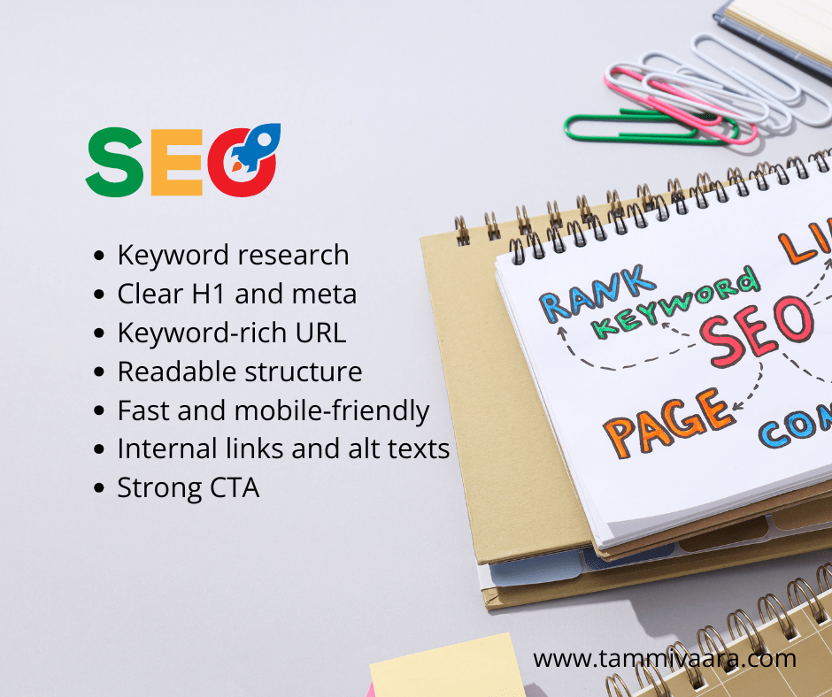 Landing page SEO checklist including keyword research, clear H1 and meta, short URL, readable structure, mobile optimization, internal links, and strong CTA.