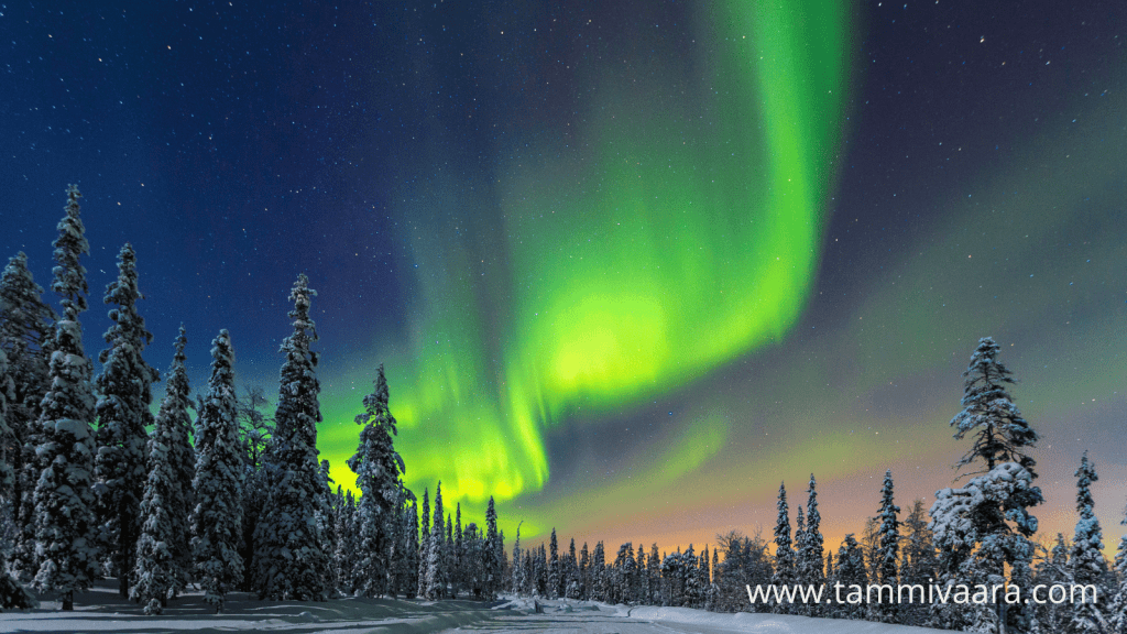 A beautiful Finnish winter scenery with northern lights.