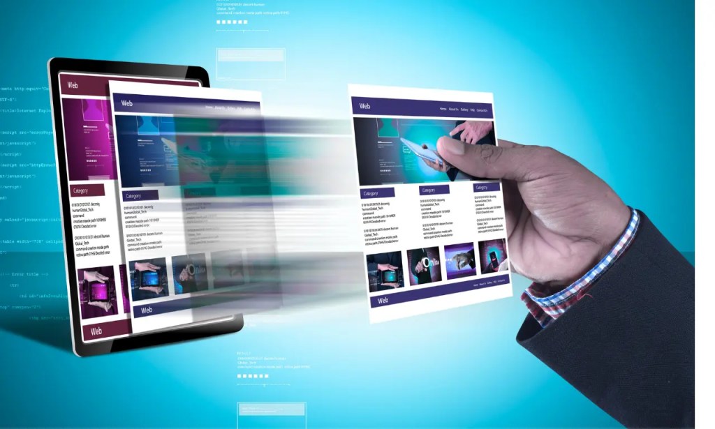 A hand holding a tablet that has web pages changing fast.