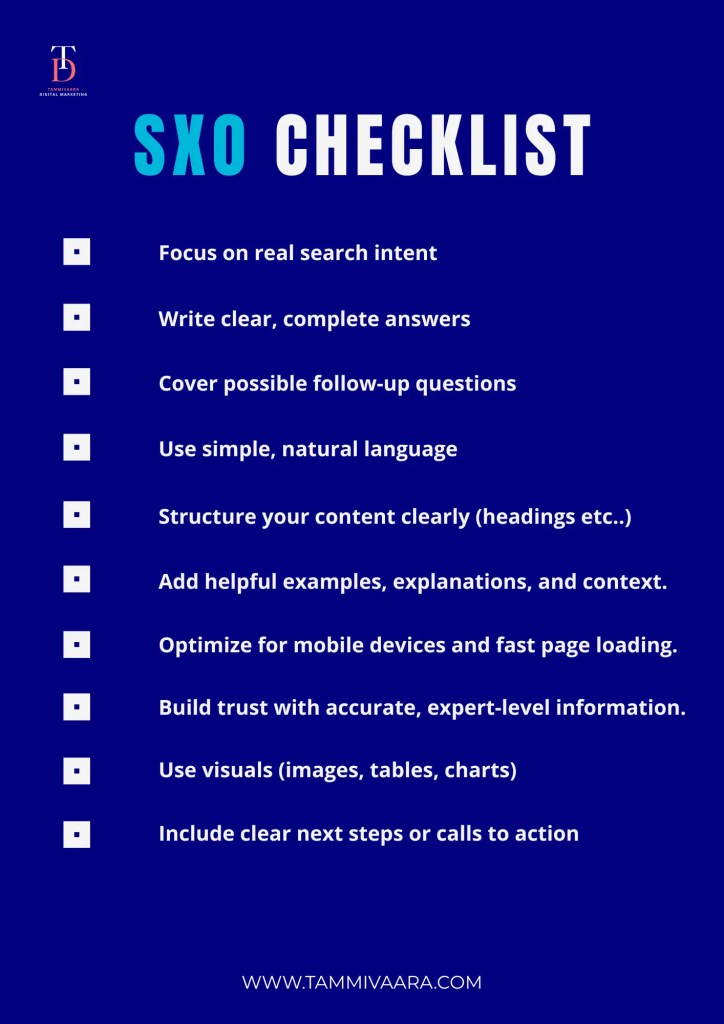 Image showing the full SXO (Search Experience Optimization) checklist for 2025, listing key steps for creating user-focused, helpful, and AI-friendly content.